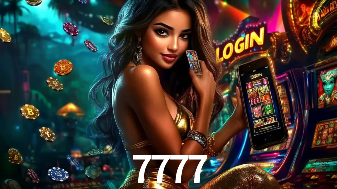 Mulher em um cenário de cassino temático de aventura, mostrando o app de caça-níqueis da 7777 no celular. Fichas de apostas flutuam ao redor.