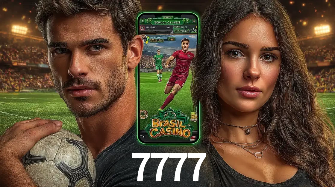 Homem segurando uma bola de futebol e uma mulher ao lado de um smartphone exibindo o jogo de apostas esportivas da 7777. Faça seu palpite no cassino online.